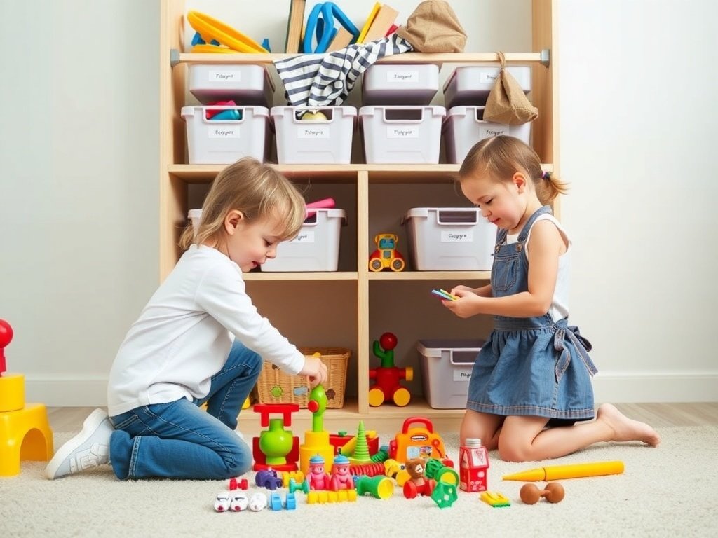 Two young children playing with colorful toys on the floor in front of a wooden storage unit filled with labeled plastic bins, creating a tidy and organized play area.