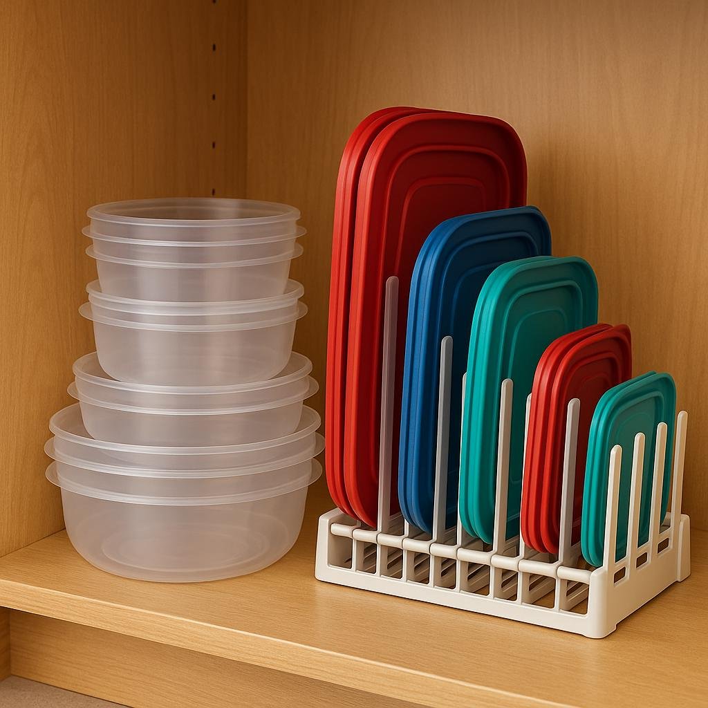 A close-up view of a tidy wooden kitchen cabinet with a specialized lid organizer rack holding plastic food container lids upright by size. The rack separates red, blue, and teal lids neatly in individual slots, positioned beside a stack of nested round clear containers.