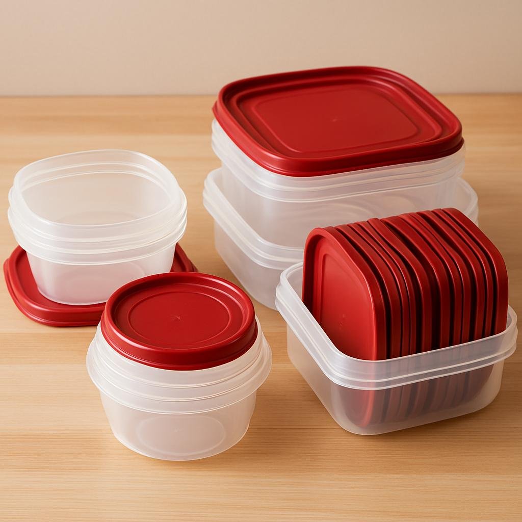 A cohesive set of matching clear plastic food storage containers with red lids, neatly nested and stacked on a light wood countertop. The containers are organized by size and shape, with extra lids stored vertically inside a larger container, showcasing a clean and efficient Tupperware storage solution.