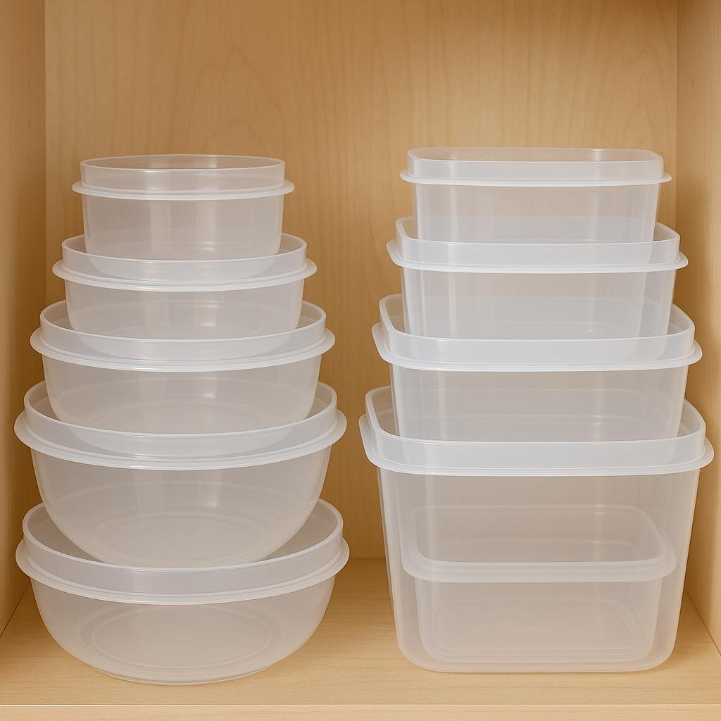Two neatly organized stacks of transparent plastic food storage containers nested by size and shape inside a wooden kitchen cabinet. Round containers are stacked on the left and rectangular containers on the right, showcasing a space-saving arrangement against a light wood backdrop.