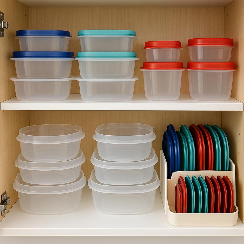 A neatly organized kitchen cabinet with two shelves holding clear plastic food storage containers nested by size. On the lower shelf, matching lids in red, blue, and teal are stored upright in a cream-colored lid organizer, creating a clean and visually pleasing storage solution.