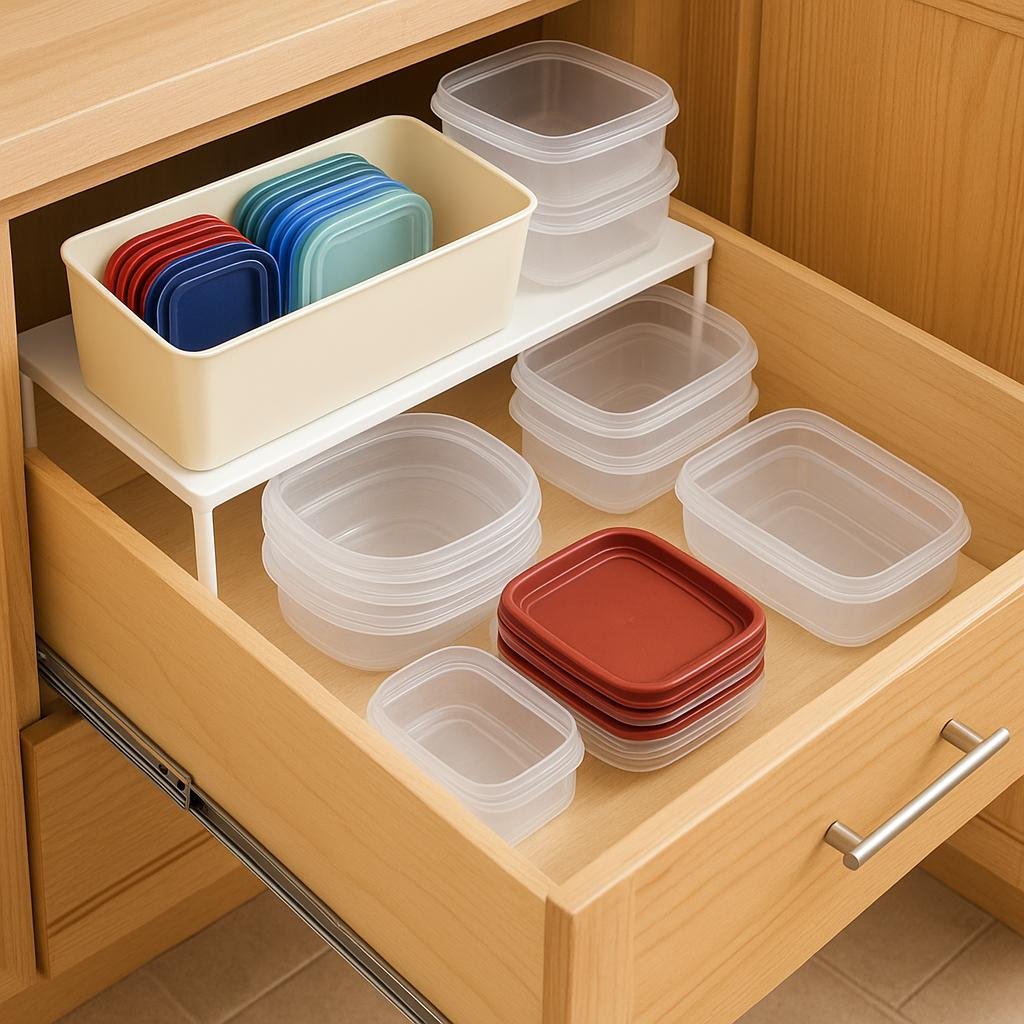 An open kitchen drawer dedicated to Tupperware storage, featuring a two-tier system. The bottom tier holds neatly nested clear plastic containers, while a white shelf riser above supports a cream-colored bin with upright, color-coded lids and additional stacked containers, creating an efficient and organized layout.