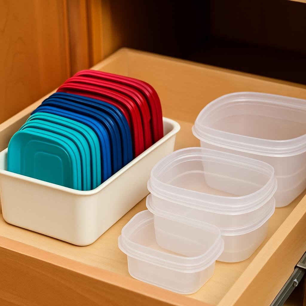 A neatly organized kitchen drawer featuring a cream-colored bin storing Tupperware lids upright, sorted by size and color in red, blue, and teal. Beside the bin, matching clear plastic containers are nested by size, demonstrating a tidy and efficient food storage solution.
