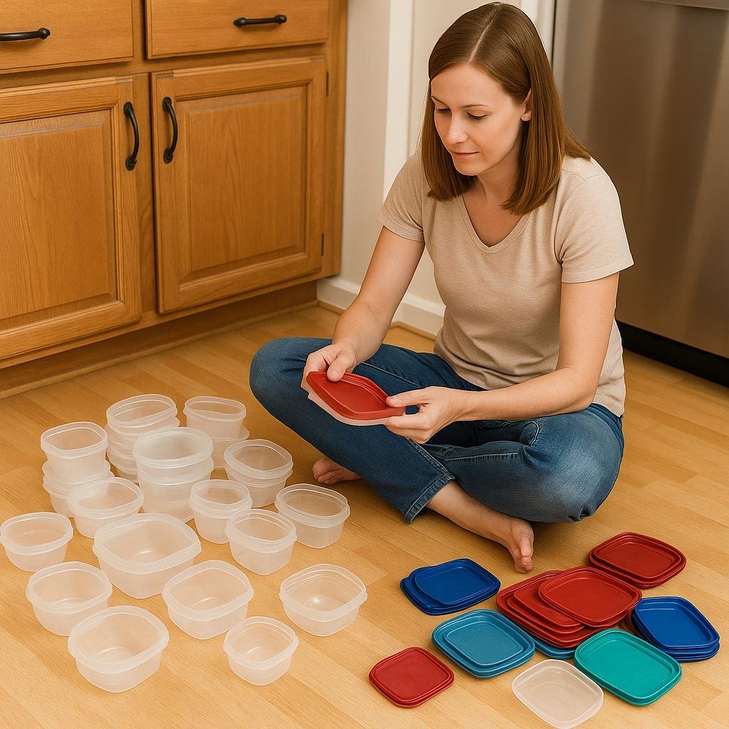 A woman sitting cross-legged on a kitchen floor, sorting a large pile of plastic food containers and colorful lids. She matches a red lid to a clear container while surrounded by stacks of nested containers on one side and a group of lids on the other, with wooden cabinets and a stainless steel dishwasher in the background.