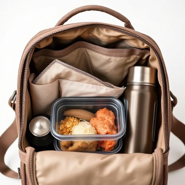 An open brown insulated lunch bag packed neatly with a stainless steel thermos, a water bottle, and a clear food container holding chicken, pasta, and mixed sides, all organized for a school or work lunch.