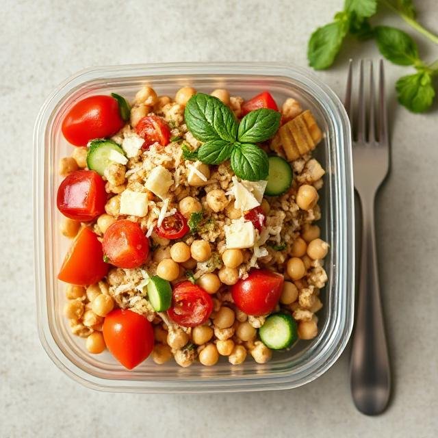 A clear square lunch container filled with a colorful pasta salad made from chickpeas, cherry tomatoes, cucumber slices, shredded cheese, and fresh herbs, garnished with a mint sprig. A fork is placed beside the container on a light stone surface.
