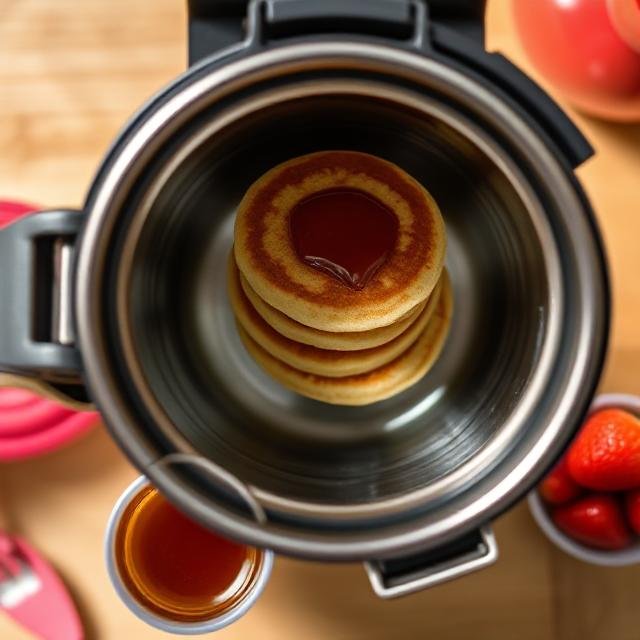 A stainless steel insulated food jar filled with a stack of mini pancakes topped with syrup. Beside the jar are small cups containing extra syrup and fresh strawberries, all placed on a wooden surface.