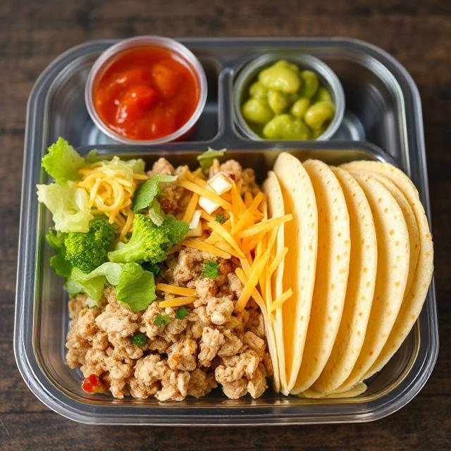 A clear rectangular lunch container neatly packed with taco fixings: seasoned ground chicken topped with shredded cheese and lettuce, soft taco shells stacked on the side, and small compartments holding salsa and guacamole.