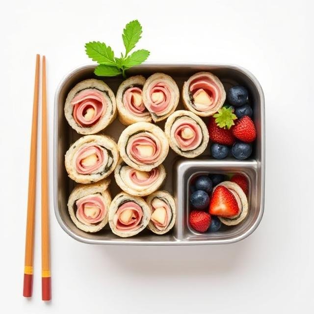 A stainless steel bento-style lunchbox filled with sushi sandwich roll-ups made from bread, ham, and cheese. The larger compartment holds several rolls with a garnish of green leaves, while the smaller sections contain fresh strawberries and blueberries. Wooden chopsticks rest beside the box on a white background.