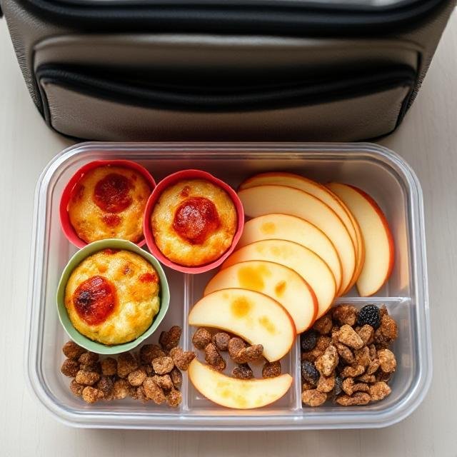 A clear lunch container with three mini pizza muffins in colorful silicone cups, fresh apple slices, and clusters of granola bites, neatly arranged alongside a black insulated lunch bag.