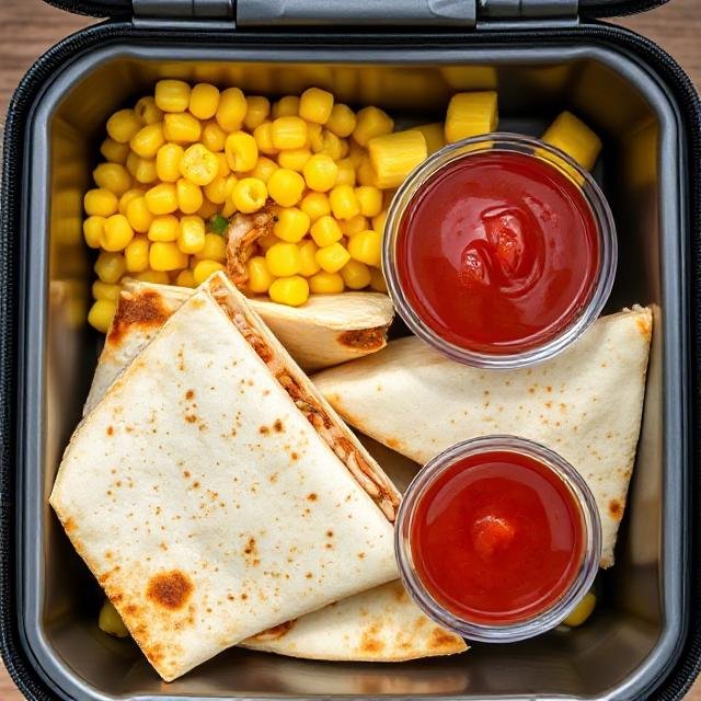 A black rectangular lunch container filled with golden corn, folded chicken quesadilla slices, and two small clear cups of ketchup for dipping, all neatly arranged for a warm packed school lunch.