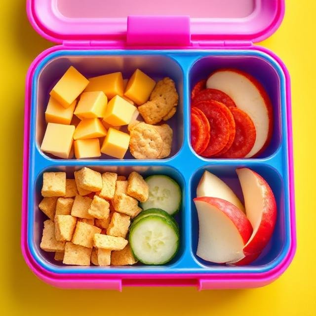 A bright pink and blue bento lunchbox divided into four compartments, containing cubes of cheddar cheese with crackers, pepperoni slices with apple wedges, crunchy croutons with cucumber slices, and additional apple wedges, all set against a bold yellow background.