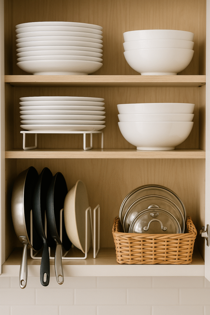 “Open kitchen cabinet with neatly stacked plates and bowls on risers, frying pans stored upright in a rack, and glass pot lids organized in a wicker basket.”