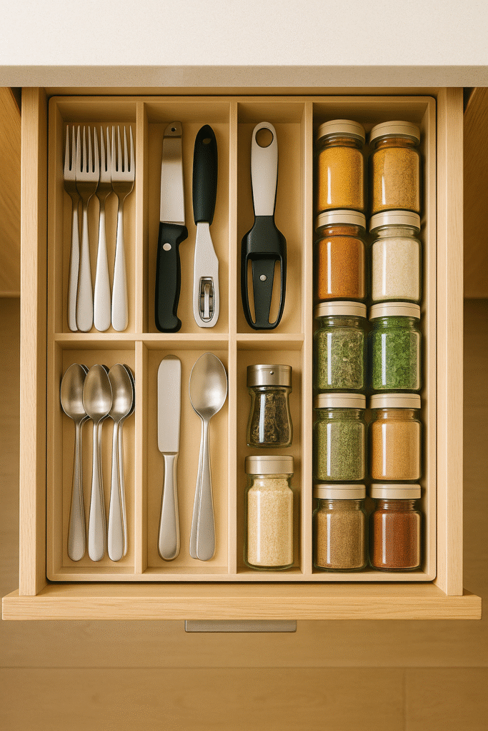 “Overhead view of an organized wooden kitchen drawer with forks, spoons, and gadgets in divided compartments, and a row of labeled spice jars neatly arranged on the side.”