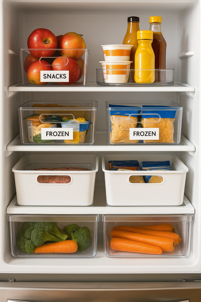 “Organized refrigerator interior with clear labeled bins holding snacks, frozen foods, condiments on a Lazy Susan, and drawers with fresh vegetables.”