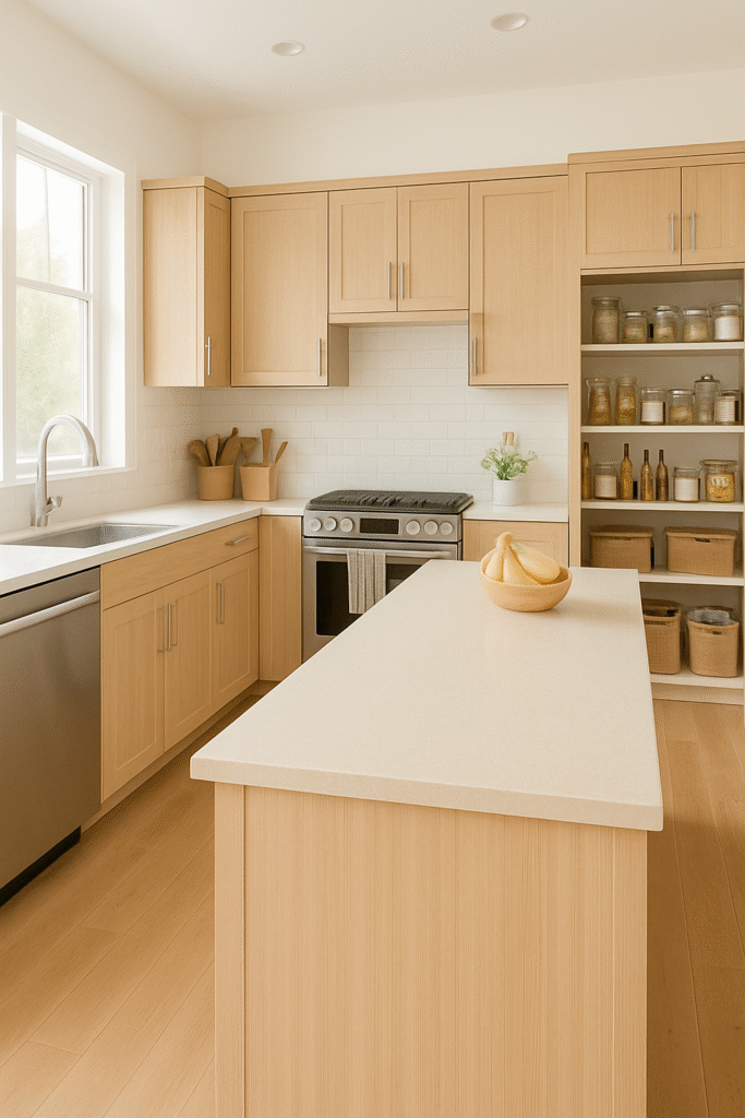 “Modern, well-organized kitchen with light wood cabinets, clean countertops with a fruit bowl, stainless steel appliances, and an open pantry with neatly arranged jars and baskets.”