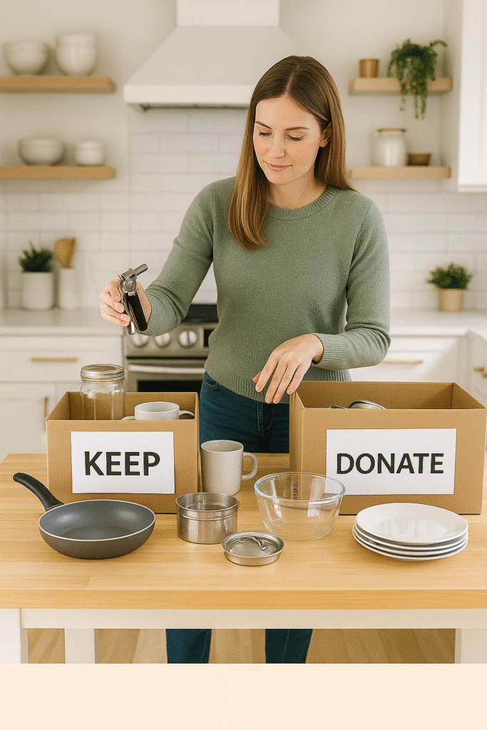 “Woman in a modern kitchen sorting dishes and gadgets into two boxes labeled Keep and Donate on a large kitchen island.”