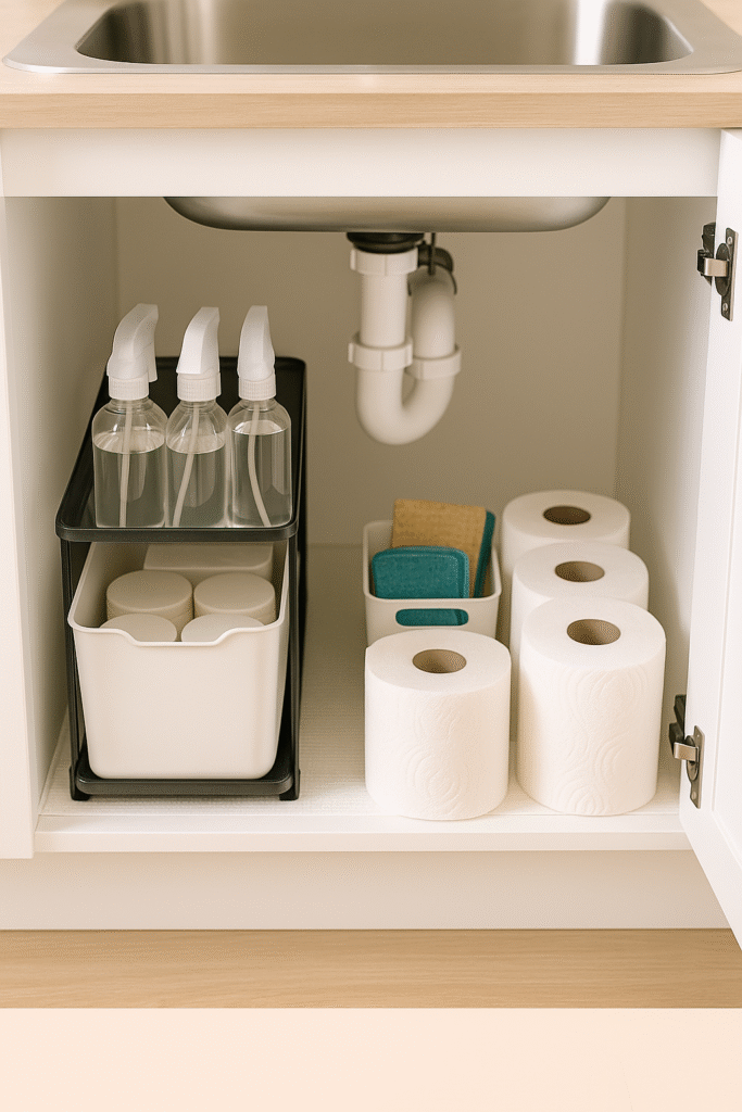 “Organized under-sink cabinet with spray bottles in a sliding bin, sponges in a small caddy, and neatly stacked paper towel rolls.”