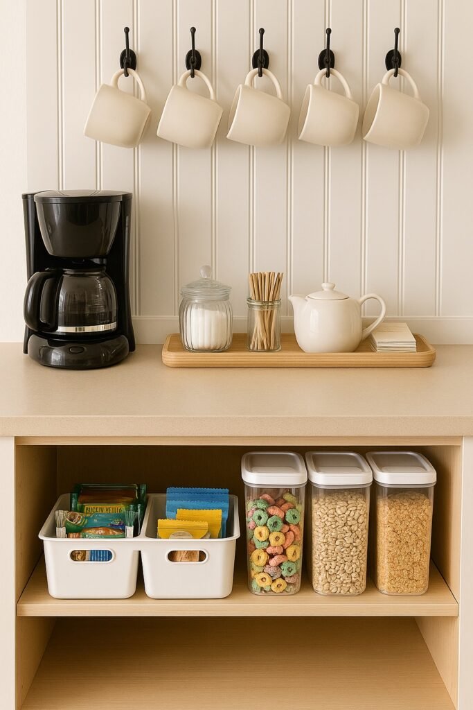 “Organized coffee and breakfast station with mugs on hooks, a tray holding sugar and tea, a coffee maker, and a lower shelf with bins of snacks and cereal containers at kid height.”