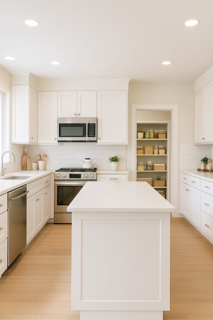 “Wide-angle view of a modern kitchen with bright lighting, clean white cabinets, light wood flooring, clear countertops, and an open pantry with neatly arranged containers and baskets in the background.”