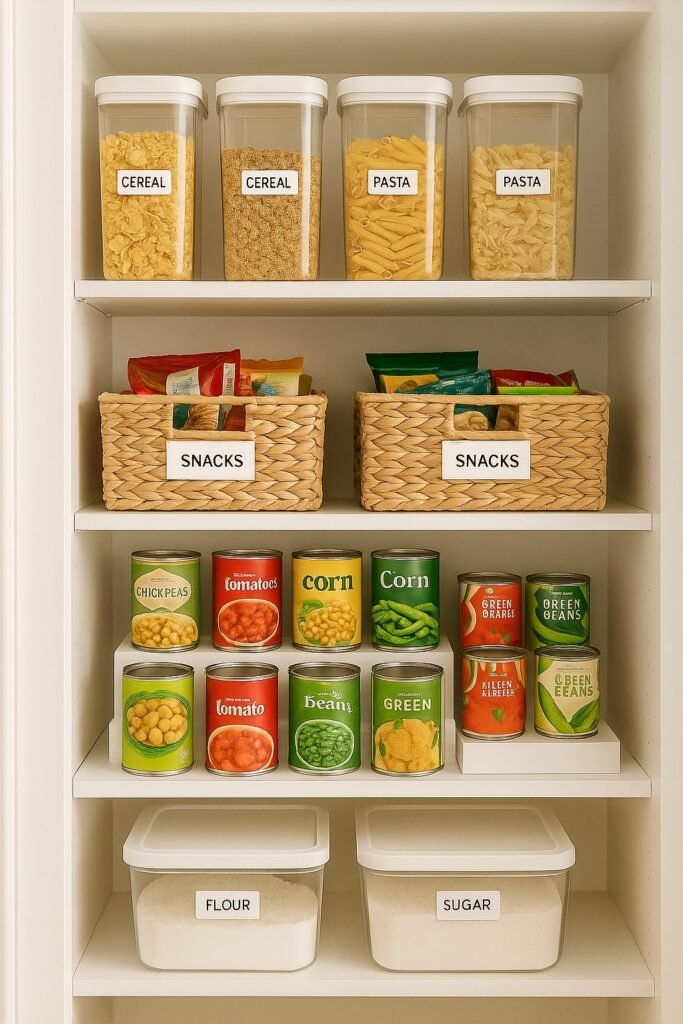 “Open pantry with labeled clear containers for cereal, pasta, and flour, woven baskets grouping snacks, and canned goods arranged neatly on a tiered shelf.”