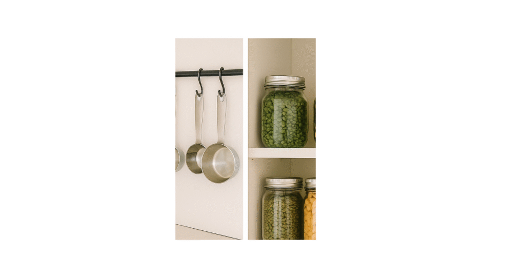 Collage of DIY kitchen hacks: measuring cups and spoons hanging on hooks from a rod inside a cabinet door, and mason jars filled with dry beans arranged on a shelf.”