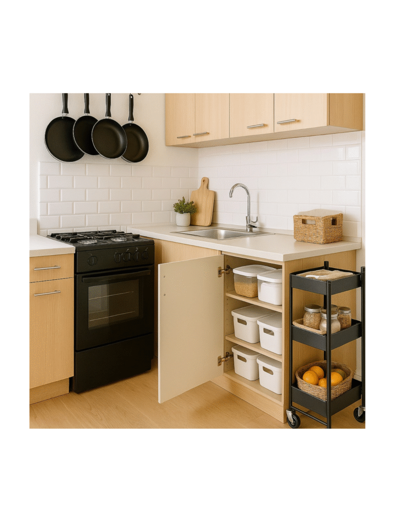 “Compact modern apartment kitchen with frying pans hanging on a wall rack, a rolling cart beside the counter with jars and fruit, and stackable bins organized inside a cabinet.”