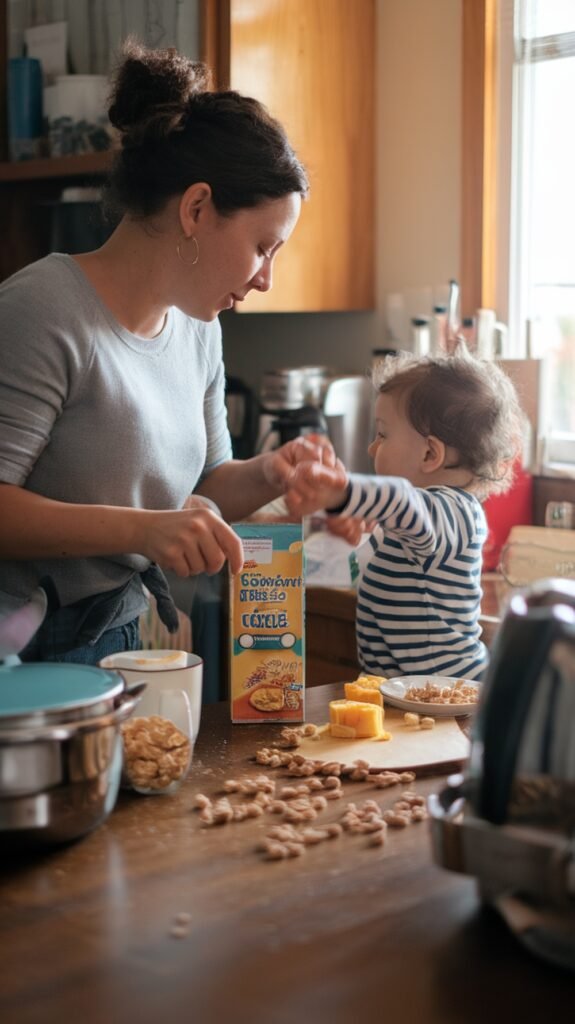 A mother stands at the kitchen counter helping her toddler during breakfast time. The table is scattered with cereal and snacks while the child reaches out playfully. The warm, natural light through the window highlights the real-life mess and connection between them.