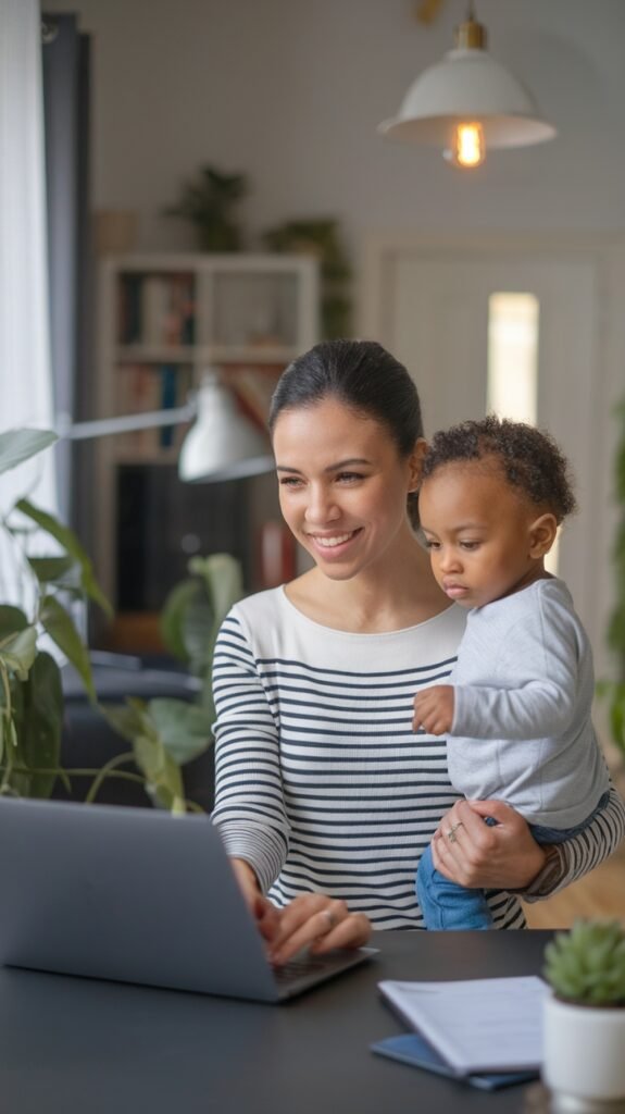 A confident mother holds her young child while working on a laptop at home, smiling as she balances career and motherhood.