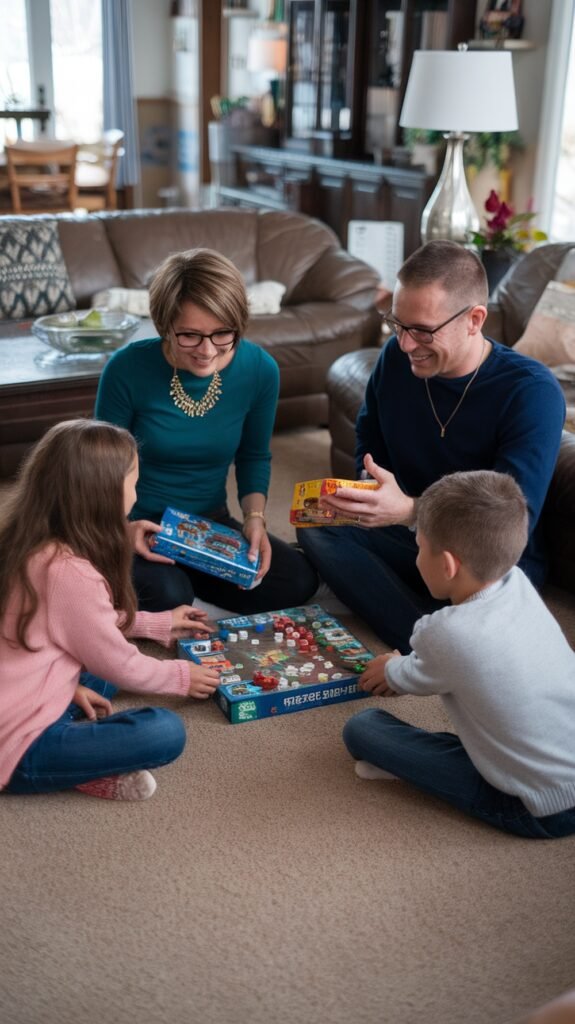 A smiling family of four sits together on the living room floor, playing a colorful board game and enjoying quality time together.