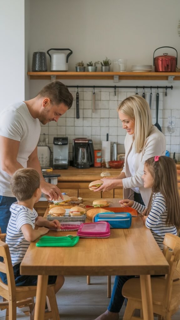 A mother and father work together in the kitchen with their two young children, preparing sandwiches and packing lunches, demonstrating teamwork in parenting and household responsibilities.
