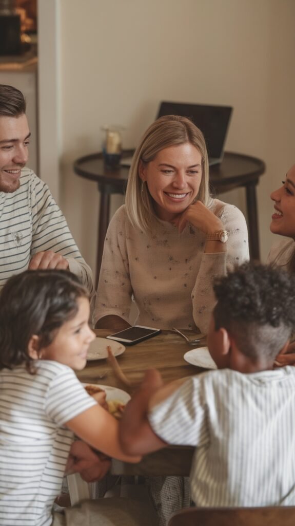 A smiling mother sits at the dining table with her family, enjoying a meal together. Her phone and laptop are set aside, showing she is fully present during family time.