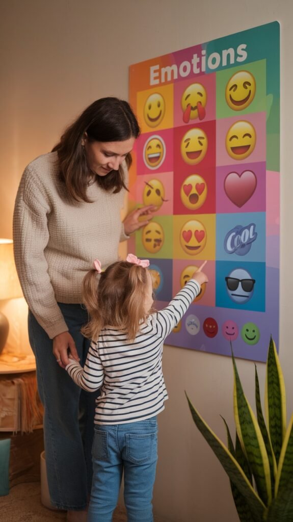 A mother and her young daughter stand together in front of a colorful emotions chart on the wall, with the child pointing to a smiling face as they learn about feelings.