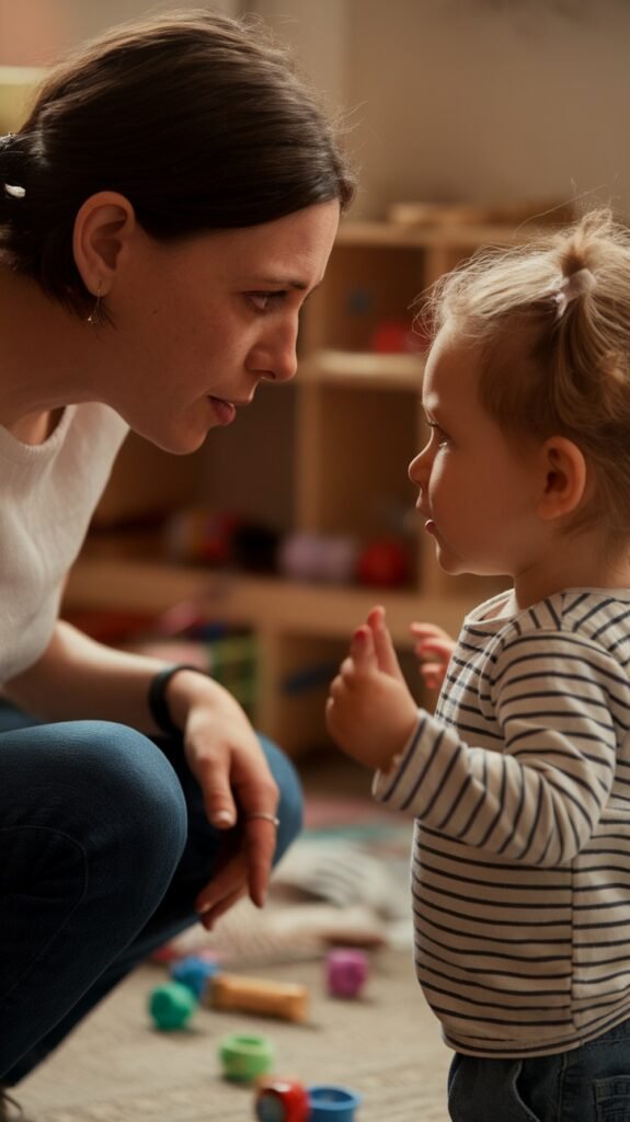 A mother kneels at eye level with her toddler in a playroom, gently maintaining eye contact while the child gestures with small hands. Colorful toys are scattered on the floor around them, creating a warm and attentive moment of connection.