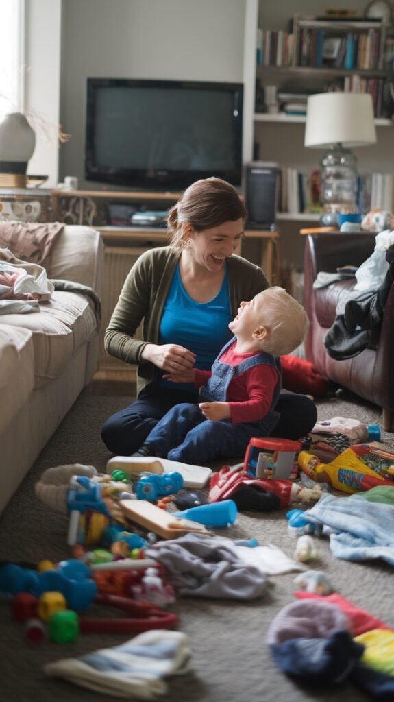 A smiling mother sits on the living room floor with her toddler, surrounded by scattered toys and clothes, focusing on play and connection rather than the mess.