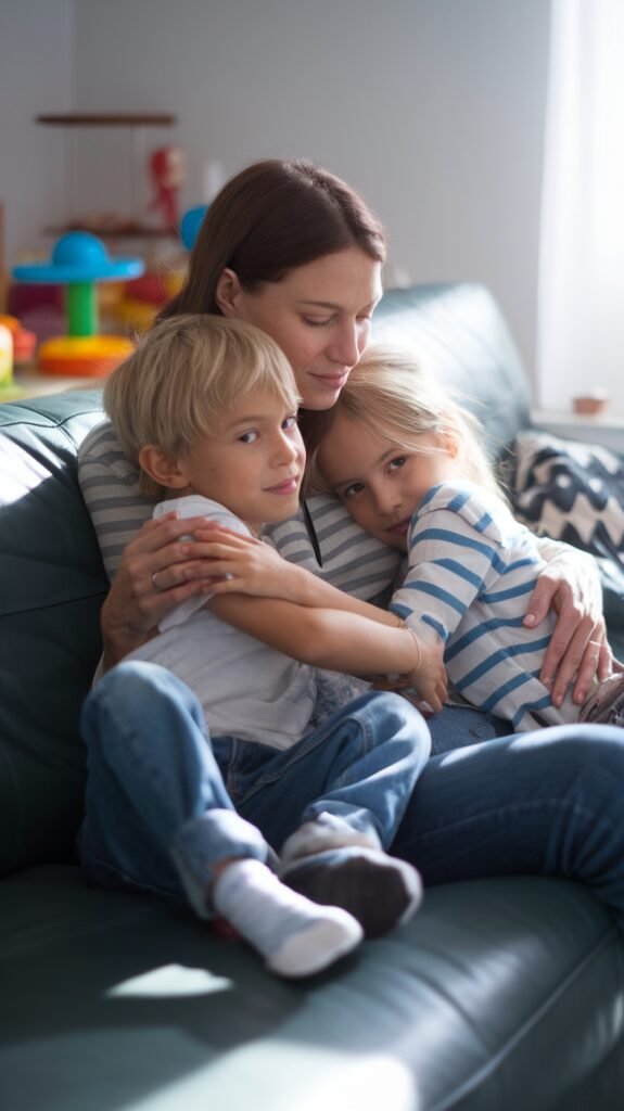 A mother sits on a couch holding her two young children close in a warm embrace. One child leans into her chest while the other looks toward the camera, both wrapped in their mom’s comforting arms. Sunlight filters into the cozy living room, creating a tender family moment.
