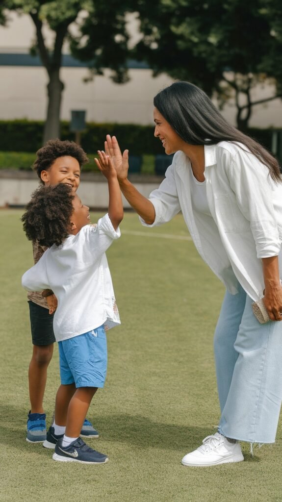 A joyful mother shares a playful moment outdoors, giving her young son a high-five while another child smiles in the background. They are standing on a grassy field, radiating warmth, positivity, and encouragement.