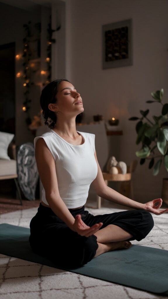 A calm mother sits cross-legged on a yoga mat in her living room, eyes closed and hands resting on her knees, practicing meditation for self-care.
