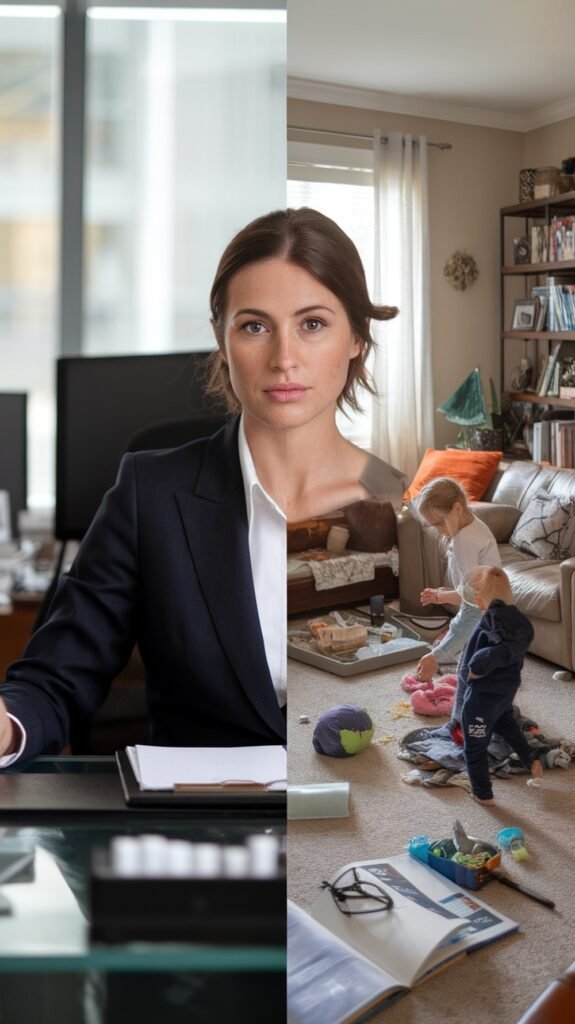 A split-scene image of a working mother: on one side, she is dressed in a business suit at an office desk; on the other side, she is at home with her children in a messy living room, symbolizing the contrast between career mom aesthetic and real mom life.