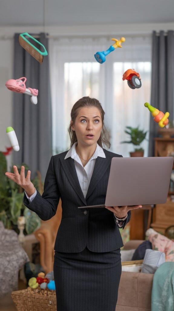 A surprised mother in a business suit holds a laptop while juggling colorful children’s toys in midair, symbolizing the challenges of balancing career and family life.
