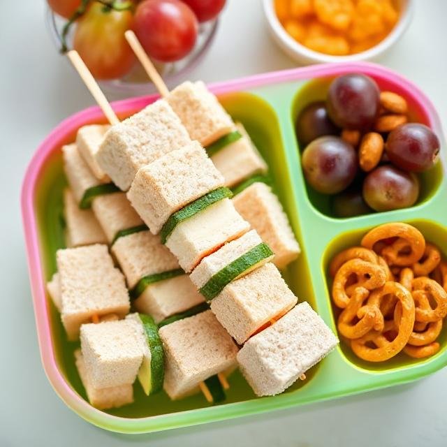 A colorful kids’ lunchbox with skewered mini sandwich cubes layered with bread, cheese, and cucumber slices. The other compartments are filled with red grapes, mini pretzels, and crackers, all neatly packed for a fun school lunch.