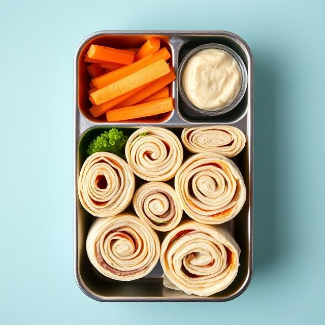 A rectangular stainless steel lunchbox divided into sections, filled with tortilla roll-up pinwheels, carrot sticks, and a small cup of hummus dip, all neatly arranged against a light blue background.