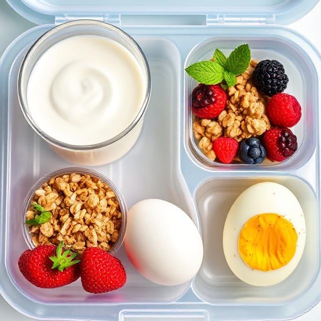 A clear bento-style lunchbox with compartments holding creamy yogurt, a boiled egg, fresh strawberries, granola, and a mix of berries with granola topped with a mint leaf, all neatly arranged for a balanced, healthy meal.