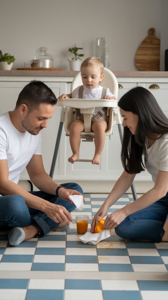 A father and mother sit on the kitchen floor together, calmly cleaning up a spilled drink while their baby watches from a high chair. The parents smile as they work as a team, modeling patience and cooperation.