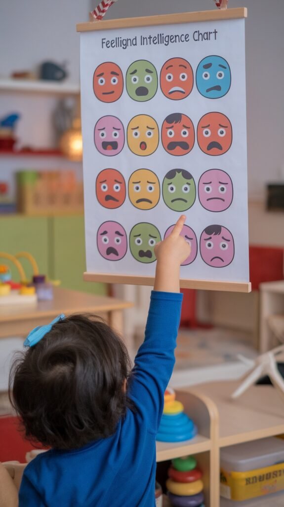 A young child points to a colorful feelings chart hanging in a playroom. The poster shows cartoon faces with different emotional expressions, helping children identify and learn about emotions.