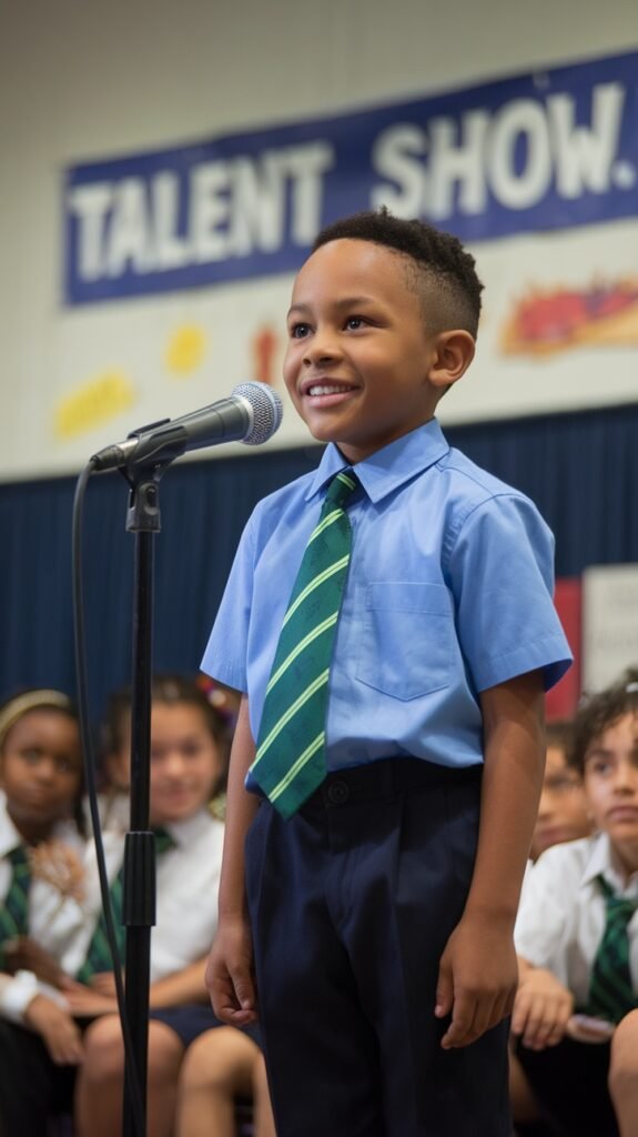 A confident young boy in a school uniform stands on stage at a talent show, smiling as he speaks into a microphone, with classmates watching proudly in the background.