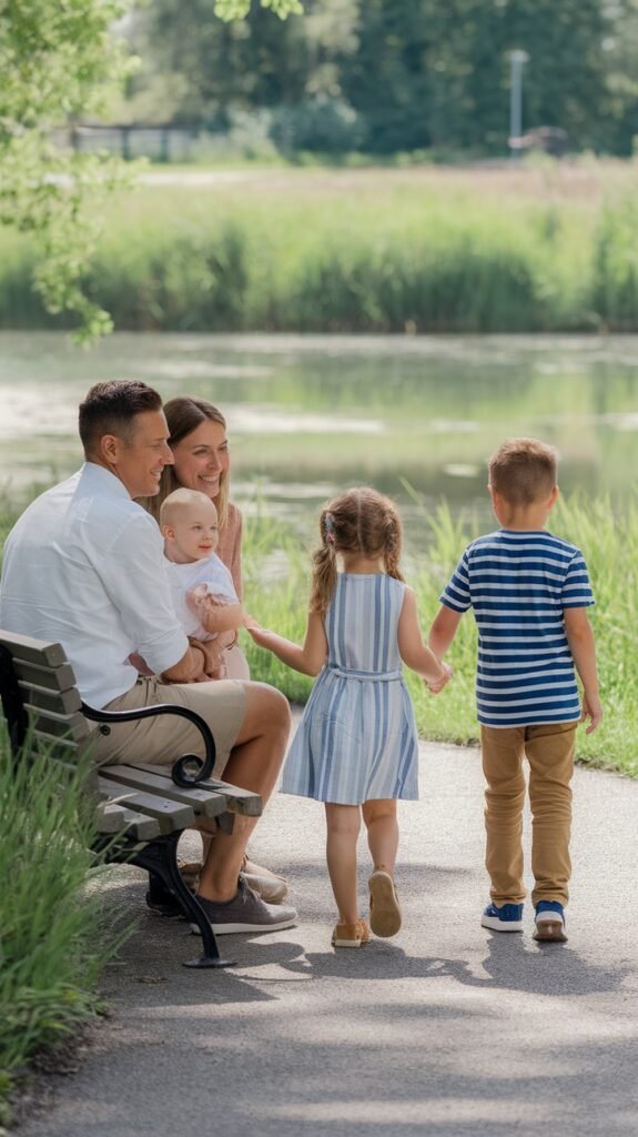 A happy family enjoys time outdoors near a pond. The parents sit on a park bench with their baby, while two older children walk hand-in-hand along the path, creating a warm and connected family moment.