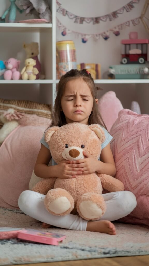 A young girl sits cross-legged on a rug in her bedroom, hugging a large teddy bear tightly with her eyes closed. She appears to be calming herself, surrounded by cozy pillows and soft toys, creating a comforting and safe environment.