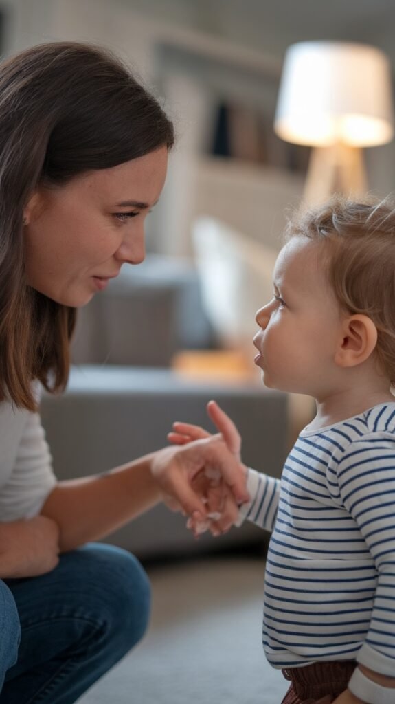 A mother kneels at eye level with her young child, gently holding the child’s hand while maintaining warm, focused eye contact. The toddler, dressed in a striped shirt, looks engaged and expressive as they share a quiet moment together in a softly lit living room.