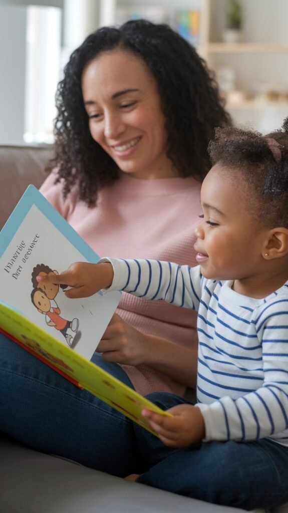A smiling mother and her young daughter sit together on a couch reading a picture book. The little girl points at an illustration in the book while the mother looks on warmly, creating a joyful bonding moment.
